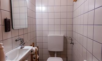 A modern bathroom with white tiles and a wooden ceiling. It includes a toilet, a sink, and a mirror.
