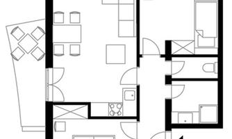 An elegant floor plan of an apartment with an open living area, two bedrooms, and a bathroom. The plan also shows a small outdoor area.