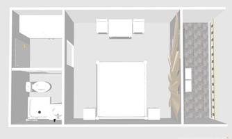 A clear floor plan drawing of a room with a bathroom and a sleeping area. The room contains furniture such as a bed and a table.