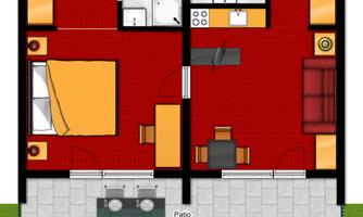 A simple floor plan drawing of an apartment. It shows two rooms, a kitchen, a dining area, and a patio.