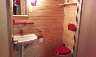 A small bathroom with wooden paneling. It is equipped with a sink, a toilet, and red accents.
