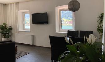 A bright room with a television, windows, and a view of the landscape. A plant in the foreground and cozy seating create an inviting atmosphere.