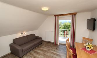 A cozy room with a sofa bed and a dining table. A window offers a view of the green nature outside.