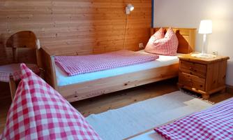 A cozy bedroom with two beds and checked pillows. The wooden walls give the room a warm atmosphere.