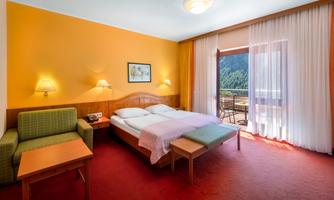 A cozy hotel room with a double bed and a seating area. Large windows offer a view of nature and plenty of light.