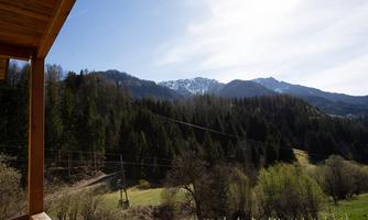A picturesque mountain landscape with snow-capped peaks and lush greenery. The sky is clear and the trees rise high in the foreground.