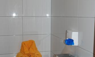 A bathroom with white tiles and a white sink. On the shelf, there is a hairdryer and a blue bottle.