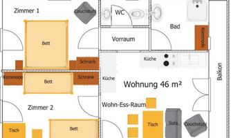 A floor plan sketch of a 46 m² apartment with two bedrooms, a living-dining area, a kitchen, and a bathroom. The plan shows the arrangement of furniture and rooms.