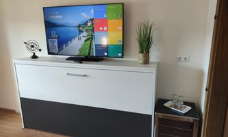 A modern TV displayed on a wall with a beautiful landscape. Below it is a simple, elegant cabinet with a plant and a small decorative piece.