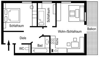 A simple floor plan of an apartment with two bedrooms, a living/sleeping area, a kitchen, and a bathroom. The floor plan also shows a balcony.
