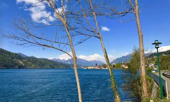 A quiet lake surrounded by gentle hills and trees. The sky is clear and blue with a few clouds.