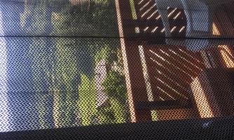 A view through a grid that shows reflections from a balcony and surrounding plants. The colors and patterns are distorted by the grid structure.