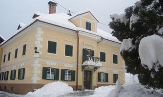 A beautiful house with a yellow facade and green windows, surrounded by snow. The sky is cloudy and there is a calm winter atmosphere in the air.