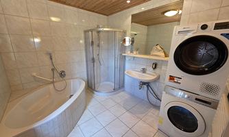 A modern bathroom with a shower, a bathtub, and a washer-dryer combo. The walls are brightly tiled, and there is plenty of natural light.