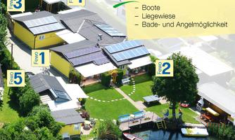 An overview of the Schiller holiday apartments with boat docking options and lawns. The cozy accommodations are located directly by the water, ideal for swimming and fishing.