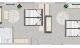 A simple floor plan representation of a room with two bedrooms and one bathroom. There is furniture and rugs that structure the spaces.