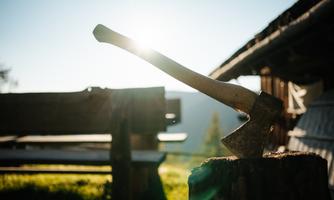 An axe stands on a wooden block in the foreground. In the background, a sunset over a landscape can be seen.