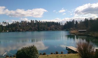 A quiet lake surrounded by trees and meadows. The sky is blue with some clouds.
