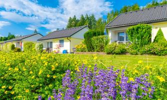 A picturesque residential area with well-kept houses amidst colorful flowers. The sky is clear, and the surroundings are green and inviting.