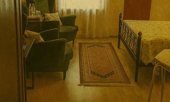 Stylised depiction of a double room with bed, seating area and the text “English Rose – A Touch of Nostalgia”.