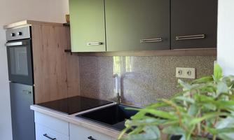 A modern kitchen with black and white cabinets. A plant sits on the countertop and there is a sink as well as an electric stove.