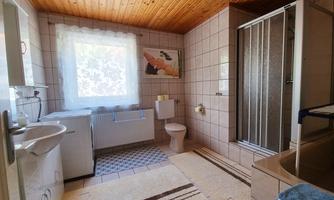 A bright bathroom with tiles and a wooden ceiling. It contains a shower, toilet, and washing machine, as well as a window with natural light.