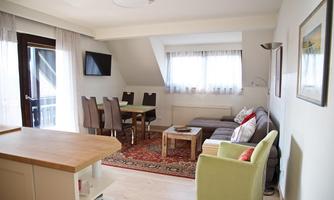 A bright and modern living and dining room with a cozy sofa and a dining table. Large windows ensure plenty of daylight.