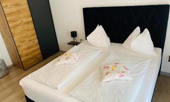 A modern bedroom with a double bed and two pillows. Next to the bed is a wooden wardrobe and the floor is equipped with light wood.