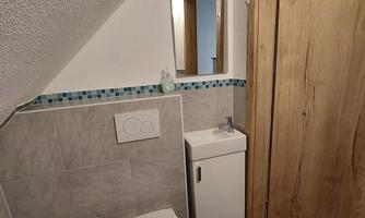 A modern bathroom with a toilet, a small sink, and a mirror. The walls are brightly tiled, and the wooden door gives the room a cozy atmosphere.