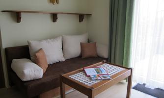 A cozy room with a sofa and a table. The light falls through the windows, creating an inviting atmosphere.