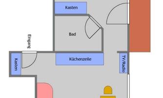 A floor plan of the vacation apartment 2. The apartment includes a bedroom, a bathroom, a kitchenette, and a balcony.