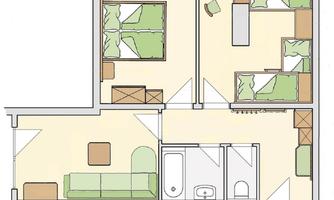 A floor plan of an apartment with two bedrooms, a living room, and a bathroom. The rooms are bright and simply arranged, with furniture such as beds and sofas.