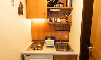 A small kitchenette with wooden cabinets and basic kitchen appliances. The room is brightly lit and creates a cozy atmosphere.