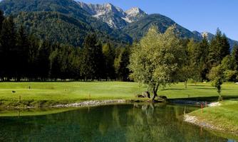 A peaceful pond surrounded by green meadows and trees. In the background, majestic mountains rise under a clear blue sky.