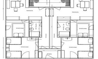 A floor plan drawing of two holiday apartments. Each apartment includes a bedroom, a living kitchen, and a balcony.