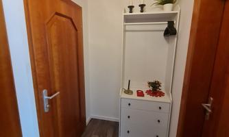 A bright hallway with two wooden doors and a white piece of furniture. On the piece of furniture, there are plants and decorative items.