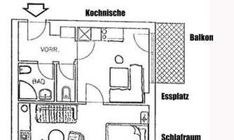 A floor plan of a two-room apartment with a total area of 42 m². There are two balconies as well as a sleeping area and a dining area.