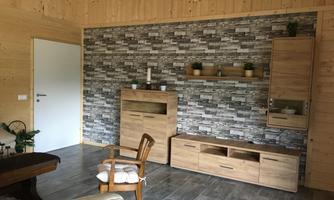 A modern living room with a stone feature wall. There are wooden furniture, a cozy seating area, and some plants.