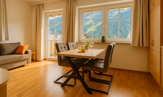 A cozy dining area with a table and chairs. A beautiful mountain landscape can be seen through the window.
