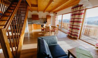 A bright and cozy living room with a wooden ceiling and large windows. There is a dining table and a modern kitchen in the background.