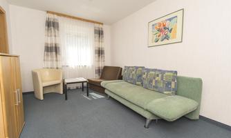 A simple living room with a green sofa and a brown armchair. There is a small table and large windows with curtains.