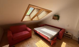A cozy room with a red sofa and a pull-out bed.  
Large windows provide plenty of daylight.