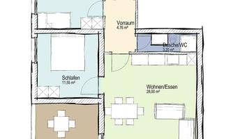 A floor plan sketch of an apartment with various rooms. The rooms include a bedroom, a living room, a bathroom, and a terrace.