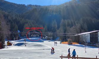 A wintery snow landscape with skiers on the slopes. In the background, mountains and an accommodation are visible.