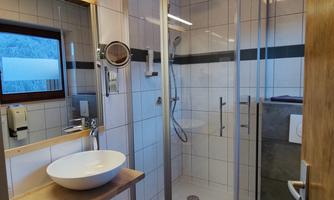 A modern bathroom with a glass shower and a sink on a wooden shelf. Natural light streams in through the window, brightening the space.