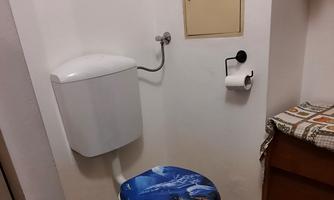 A simple bathroom with a toilet and a blue lid. On the wall, a mirror and a towel rack can be seen.