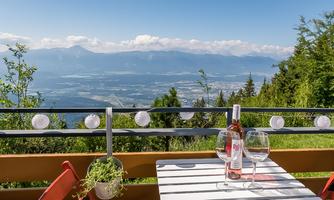 A beautiful table with a wine bottle and glasses, offering a stunning view of the mountains. Surrounded by green trees and a peaceful atmosphere.