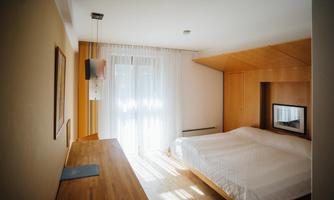 A modern bedroom with a double bed and wood paneling. Large windows allow plenty of light in and create a bright atmosphere.