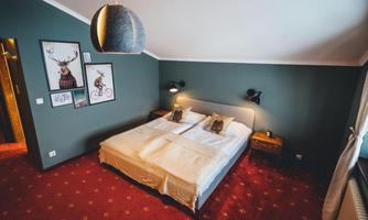 A modern bedroom with a double bed and cozy decoration. The walls are painted in a matte green color, and there are pictures on the wall.
