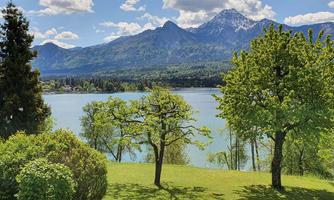 A tranquil landscape with a clear lake and lush trees. In the background, majestic mountains and a blue sky can be seen.